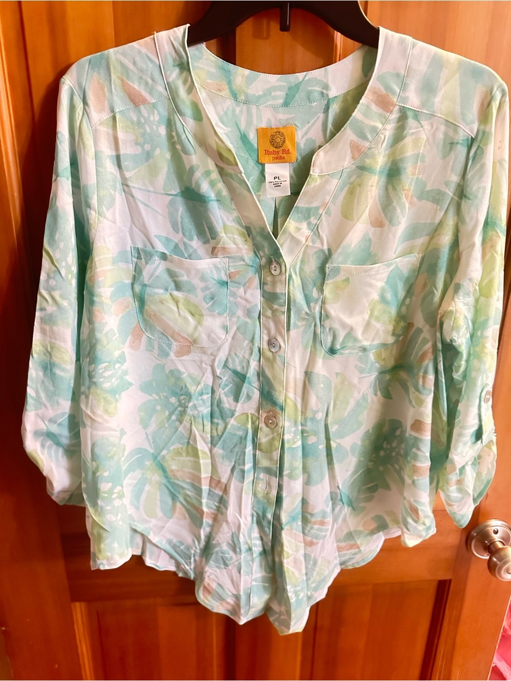 Ruby Rd. Pastel Floral Button-Up Blouse in Mint & Cream